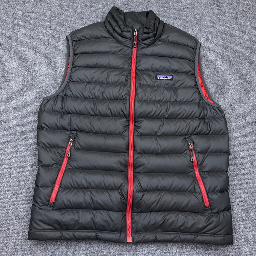 Patagonia Down Sweater Vest Men's Medium Forge Grey Red Full Zip Puffer 84622
